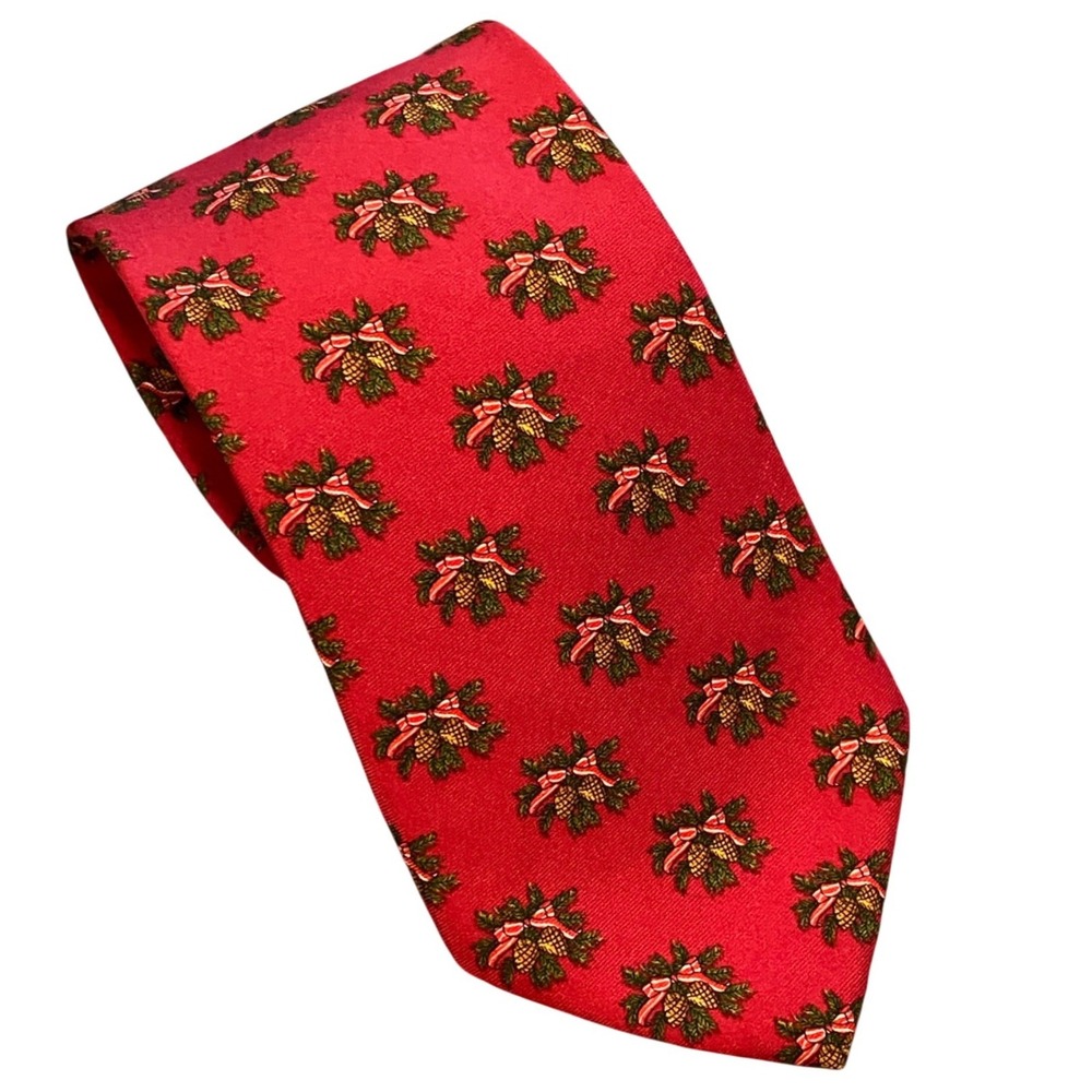 Brooks Brothers Makers Mens Red Silk Pinecone Christmas Holiday Tie Made in‎ USA
